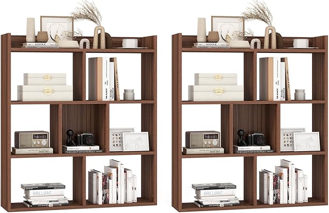 Giantex 7 Cube Bookshelf of 2, Free-Standing Wooden Bookcase, 4 Tier Home Display Shelf, Horizontal Storage Unit w/Anti-Toppling Devices, Open-Back Display Rack for Study, Living Room, Walnut