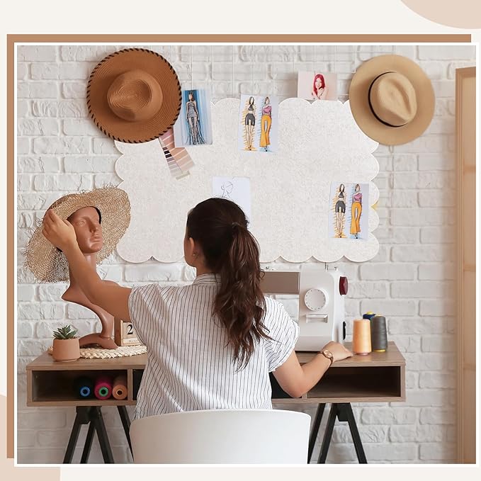 Mooliwe Scalloped Felt Bulletin Board 36 x 18 Inches Foldable Beige Pin Cork Board Alternative for Wall, 3' x 1.5' Trifold Picture Vision Self Adhesive Bulletin Decorative
