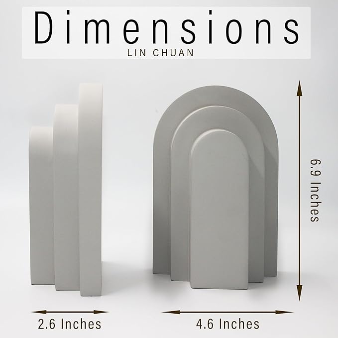 LIN CHUAN Heavy Duty Book Ends for Shelves, Decorative Bookends for Heavy Books Set of 2, 6.6 LBS Modern Book Stopper for Home Decor, Bookshelf, Aesthetic Bookend with Layered Arch Design, Gray