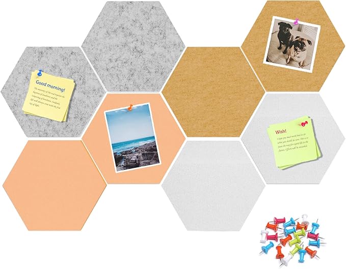Uoisaiko 12" Large Bulletin Board with 30 Push Pins, Pack of 8 Hexagon Felt Pin Board Notice Boards for Home Office Kitchen, Felt Wall Tiles for Photos Memos (White Yellow)