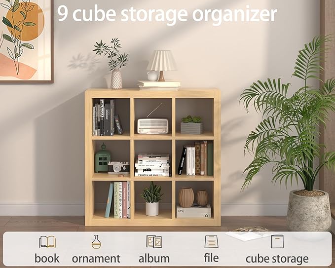 Bookshelf with Storage Bins, 9-Cube Storage Organizer Sturdy Wooden Bookcase Open Book Shelf, Multifunctional Cubicle Rack for Storage & Display, Furniture for Living Room Bedroom Office, Oak