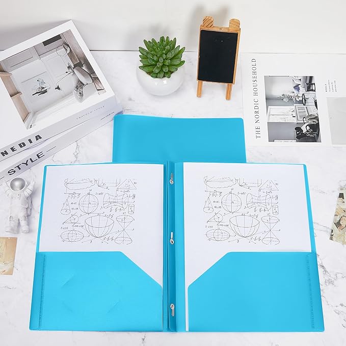 Lincia 100 Pcs Plastic Folders with Pockets and Prong Folders with Prongs 2 Pockets for Office, School for Students, Teachers, Office Workers(Light Blue)