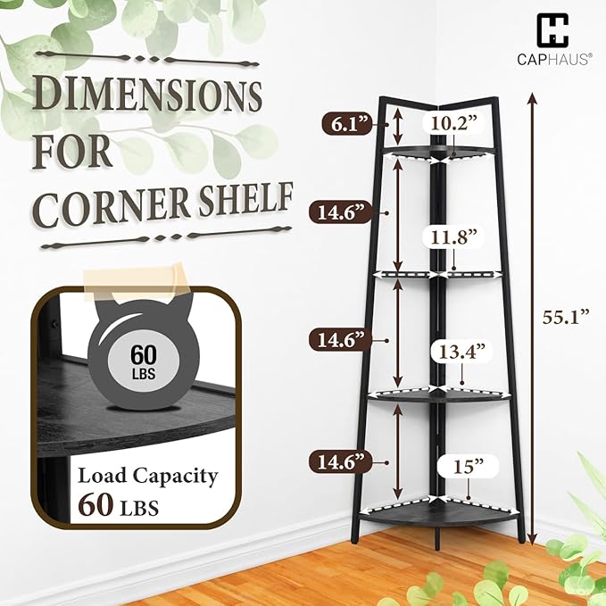 CAPHAUS Tall Corner Shelf Stand, 4-Tier Display Shelves, Ladder Corner Wood Storage Plant Bookshelf with Metal Frame, Versatile Shelving Unit Bookcase for Home Office Space, Black