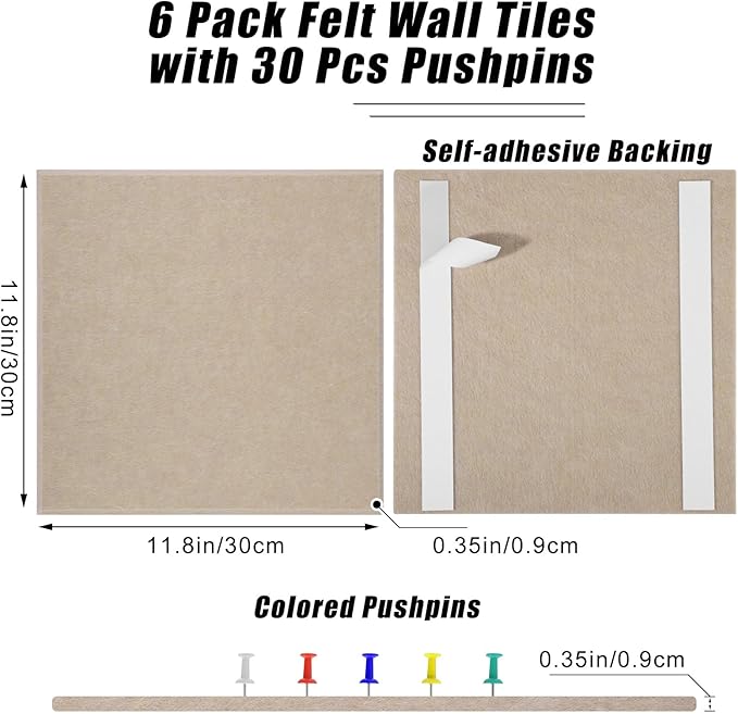 Large Cork Board 36" x 24", 6 Pack Felt Wall Tiles with Colored Pushpins, Bulletin Board with Removable Self-Adhesive Strips, Pin Board Cork Boards for Walls Office Home-Tan