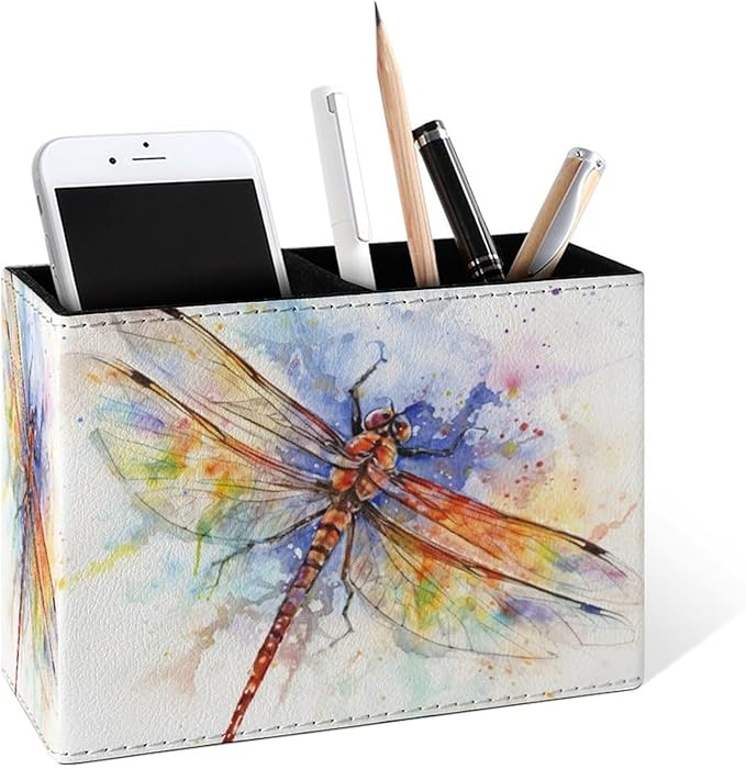 Famame Vintage Splash Dragonfly Pencil Holder for Desk, Leather Desktop Container Pen Cup Storage Study Table Pen Organizer Makeup Brushes Holder for Office Home