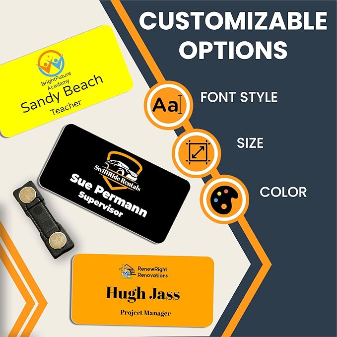 Magnet Me Up Custom Printed Magnetic Name Tag Badge with Logo on Top, 1.5x3 inch, Full-Color Customizable Identification Label, for Schools, Offices, Businesses, Made in USA