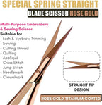 Cross Edge Spring Scissors 5 Inch straight Stainless Steel Precision Eyebrow & Eyelash Shaping & Trimming Scissor, Snips Squeeze, Embroidery, Knitting Micro Tip Craft Scissors (Rose Gold)