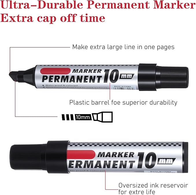 AojSup 20 Pack Jumbo Size Permanent Markers Bulk Permanent Markers Set Chisel Tip Pens Waterproof for Industrial Use Work on Wood Metal Plastic Stone Glass (Black)