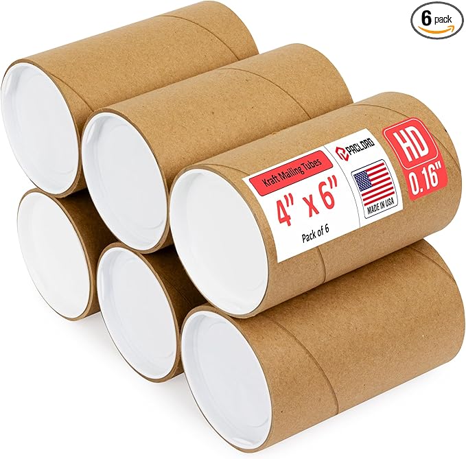 Paclord 4" x 6" Heavy-Duty Reinforced Cardboard Mailing Tube, Pack of 6 Tubes with 12 Caps – Secure USPS Approved – Great for Shipping and Storing of Prints, Artwork, Posters or Documents