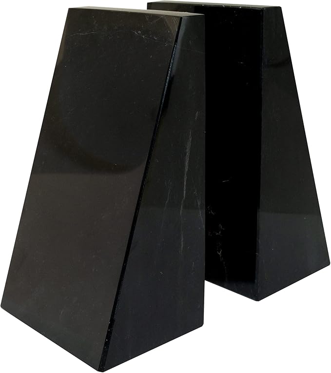 Ottimo Premium Polished Stone Marble 6" Book Ends for Bookshelf Decor, Home, Office or Kitchen Shelves. Heavy, Triangular, and Decorative Book Stopper with Anti-Slip Pads, Great Gift Idea (Black)