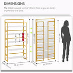 4NM No Assembly Extra Wide 5 Tiers Folding Bookshelf Storage Shelves Vintage Bookcase Standing Racks Study Organizer Home Office (White Gold)