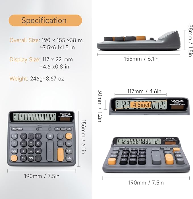 VEWINGL Desktop Calculator with Large LCD Display, 12-Digit Dual Power Solar & Battery Office Calculator with Big Buttons for Business, Accounting & Home Use (Green, L)