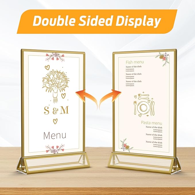 Smarpau 16 Pack 4x6 Acrylic Sign Holder with Gold Frame Table Number Holders Clear Picture Frames Flyer Stands Tables Menu Holder for Restaurant