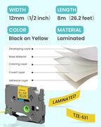 2-Pack Label Maker Tape 12mm 0.47" Yellow Replacement for Brother P Touch Label Tape TZe-631 TZ-631, Compatible with Brother Ptouch PT-D210 PT-H110 PT-D220 PT-D400,Black on Yellow