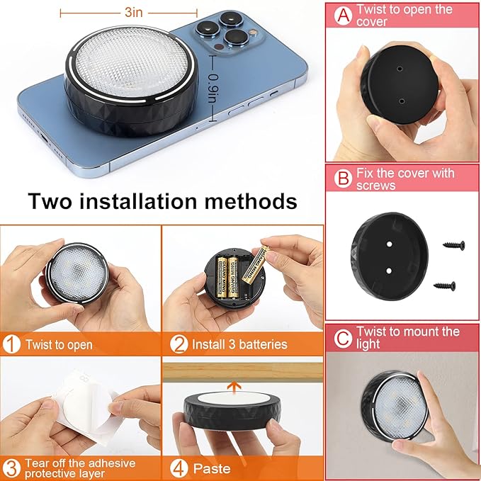 Battery Operated Puck Lights with Remote LED Under Cabinet Lighting Wireless Stick on Lights Color Changing Timer Tap Lights for Cabinets Shelves Closets Display Case - 2Pack Black