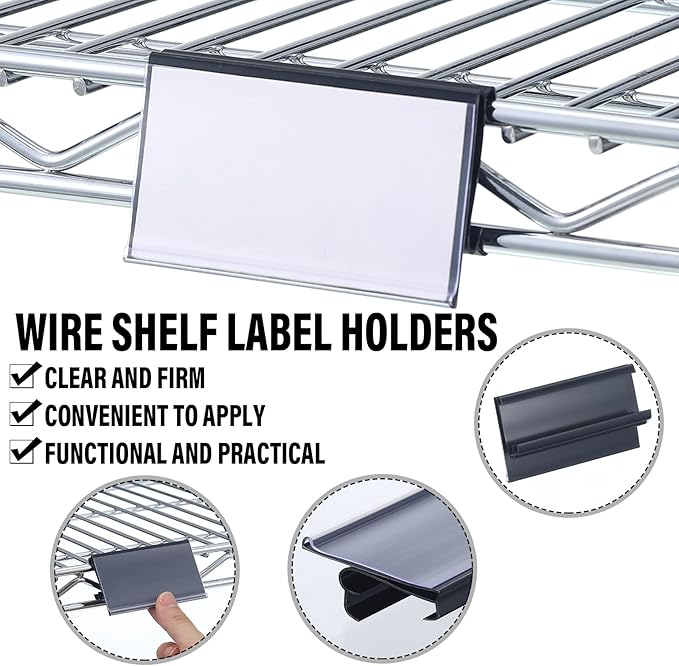 Kathfly 50 Pcs Wire Shelf Label Holders Compatible with Metro 1-1/4in Shelves, Plastic Wire Rack Label Holder 3" l x 1.25" H Price Tag Shelf Clips On, Black