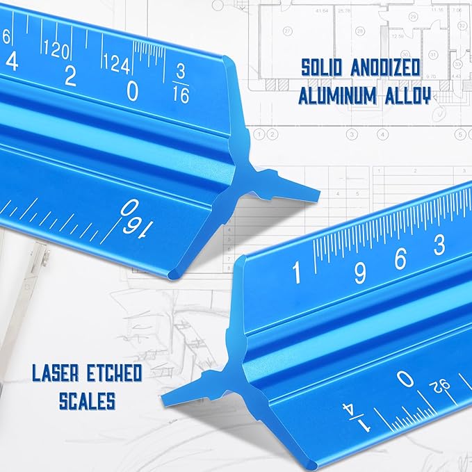 Macarrie 10 Pcs Architectural Scale Triangular Ruler 12" Architect Engineers Scale Ruler Set Aluminum Metal Ruler with Imperial Measurements for Architect Student Draftsman Engineer (Blue)