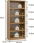 Bevfint 70 in Tall Bookcase, White Bookshelf Open Storage 5-Tier Shelves, 33 inch Wide Floor Standing Indoor Furniture, Book Cases for Home School Library Office Bedroom Kids, Vintage Oak 5 Tiers