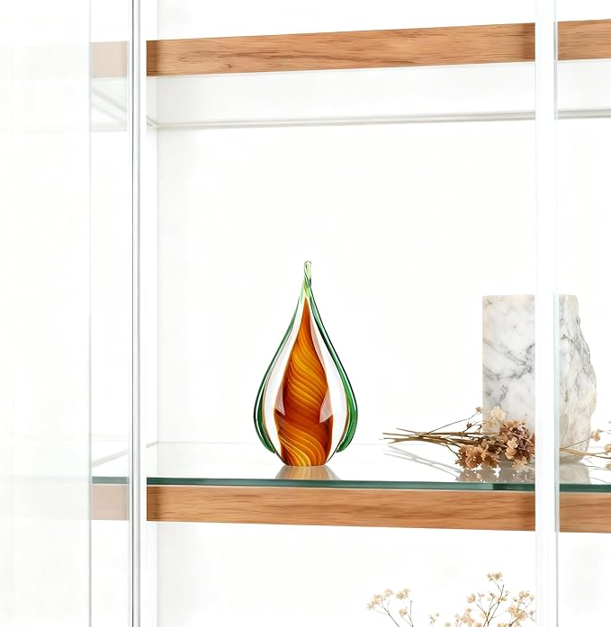 DOVDOV Blown Glass Sculpture, Green and Brown Glass Art Collectible Statue, Unique Teardrop Ornament, Suitable for Office, Bookshelf, Dressing Table, Living Room Coffee Table, or Mantelpiece Display.