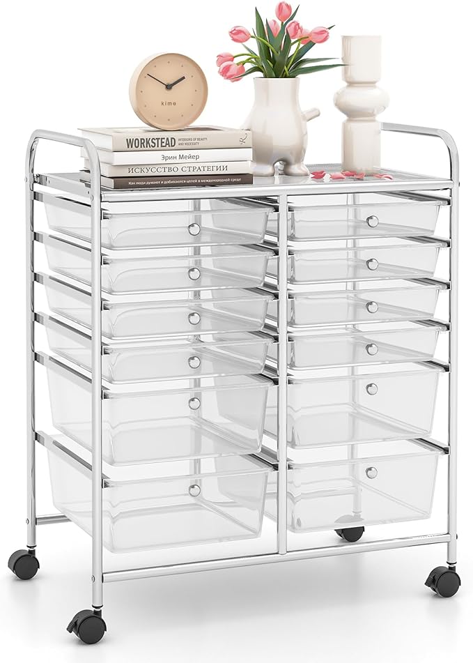 LDAILY 12 Drawer Rolling Storage Cart, Craft Cart Organizer on Wheels w/Metal Frame, Large Capacity & Smooth Drawer, Rolling Cart w/Drawers for Classroom, Office