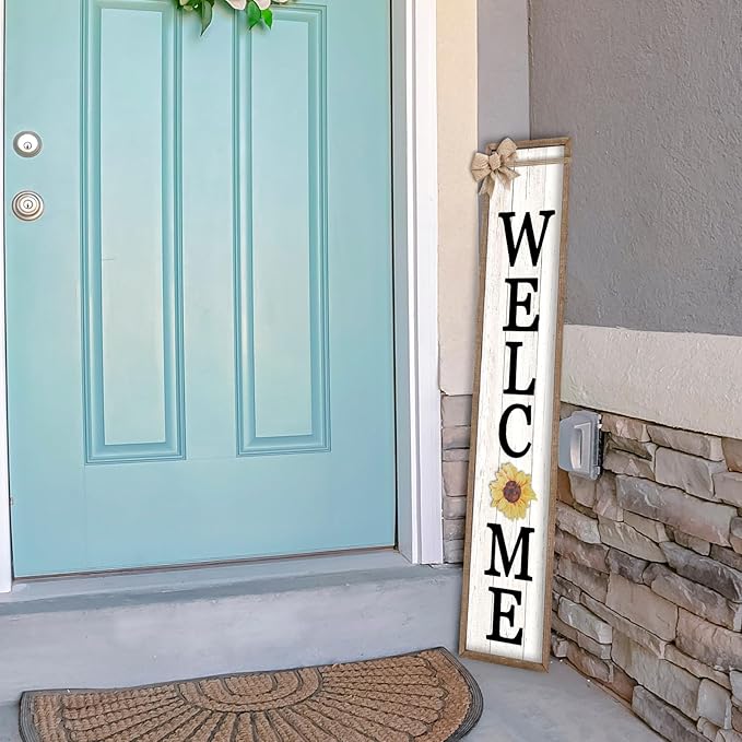 LuZhiQiang Front Porch Welcome Sign for Interchangeable Standing 45"X9" With 12 Pcs Replaceable Icons Wood Frame Signs Outdoor Front Door Decor (Wood White)