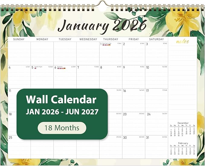 2026 Wall Calendar, Monthly Wall Calendars, Jan 2026 - Jun 2027, Desk Planner (8.5" x 11"), Hanging for Home, School, Office Supplies