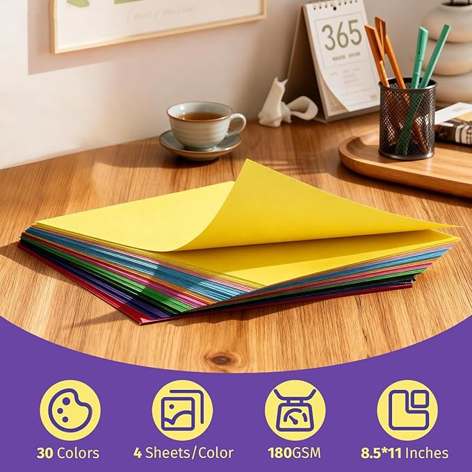 INFOOD 120 Sheets 8.5" X 11" Colored Cardstock Bulk, 30 Assorted Colors Construction Paper Card Stock Paper for Printing, Card Making, DIY Crafts, School & Office Supplies, Party Decorations, 180 GSM