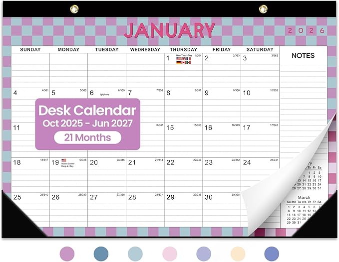 Desk Calendar 2026, 21 Months Calendar Runs from October 2025 to June 2027 - Large 17" x 12" Desktop/Wall Monthly Planner for Home School, or Office - Checkered