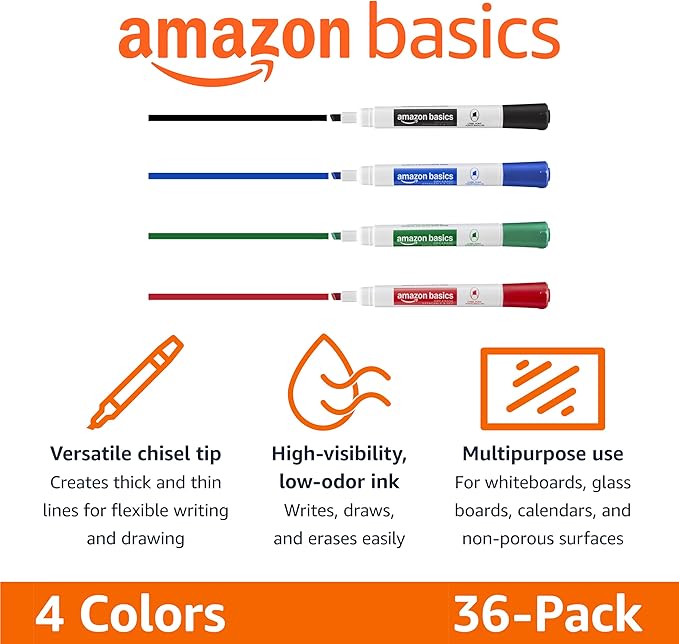 Amazon Basics Low-Odor Dry Erase Whiteboard Markers, Chisel Tip, 4 Assorted Colors, 36 Count