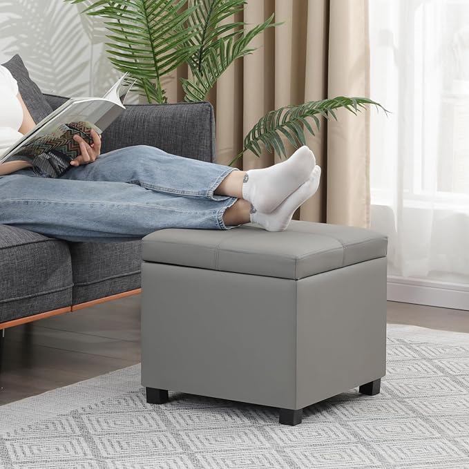 Asense 17 Inch Storage Ottoman Foot Rest,Square Faux Leather Foot Stool,Small Ottoman with Storage,Padded Seat for Entryway,Living Room,Bedroom,Couch,Under Desk,Grey