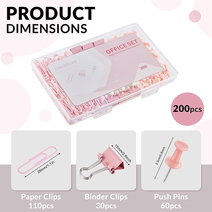 LincOficey 200pcs Paper Clips Binder Clips and Push Pins Set, Mini Clips and Thumb Tacks for Multipurpose Document Organization (Pink)