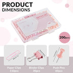 LincOficey 200pcs Paper Clips Binder Clips and Push Pins Set, Mini Clips and Thumb Tacks for Multipurpose Document Organization (Pink)