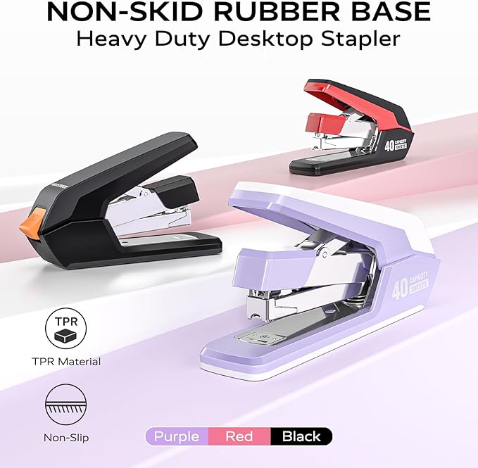 MARSROCK Effortless Stapler for Desk with 40-50 Sheet Capacity, 2000 Staples, 1-Touch Stapling, Ergonomic & Easy to Load Desktop Staplers, Heavy Duty Stapler, and Magnetic Staple Remover, Red