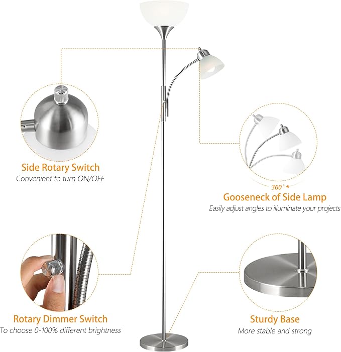 RISLG Floor Lamp, Dimmable Standing lamp, Stepless Dimming Brightness, Included 9W and 5W LED Bulbs, Industrial Floor Lamp for Living Room, Bedroom, Office, Reading