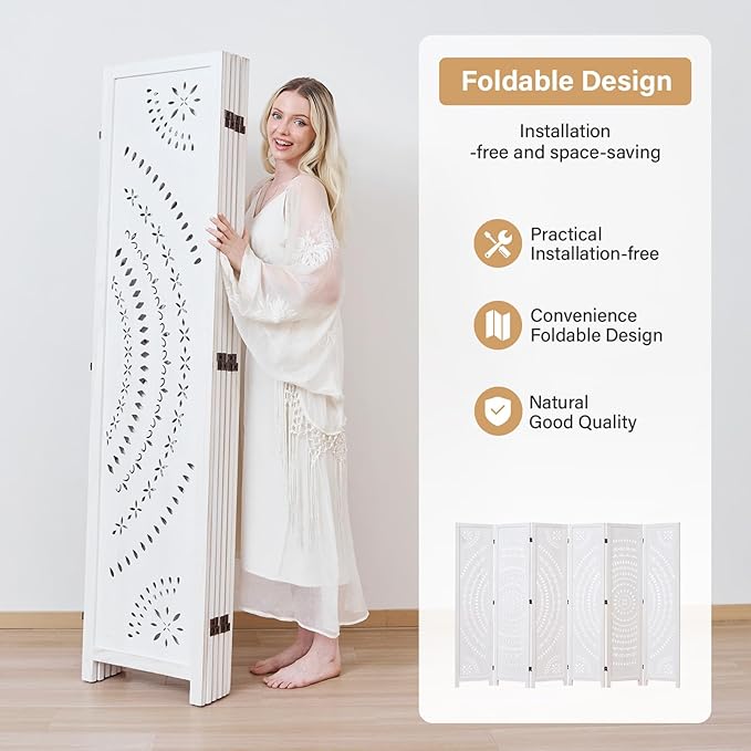 5.6 Ft Folding Room Divider, Portable Privacy Screen & Partition, No Assembly Required for Use as Cat Litter Box Cover, Clutter Hider, Room Separator, 6 Panels (White)