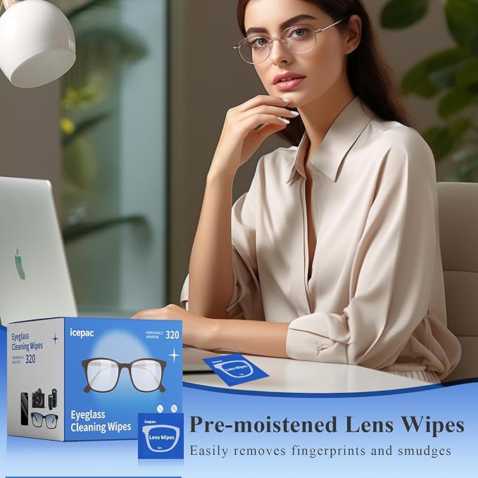 Glasses Wipes Lens Cleaner- 320 Pre-Moistened Individual Wrapped Eye Glasses Cleaning Wipes | Glasses Cleaner Safely Cleans Glasses, Sunglasses, Phone Screen, Electronics & Camera Lens