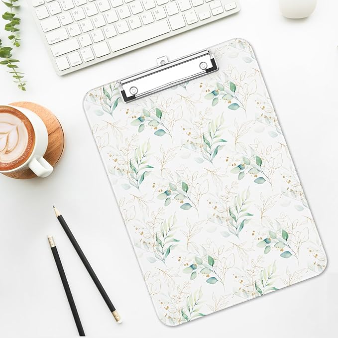 Luminzo Plastic Cute Clipboard Low-Profile Metal Clip, A4 Letter Size 9 x 12.5 in, 8.5 x 11 Paper Clip Board for Teachers, Nurses, Classroom,Green Leaf
