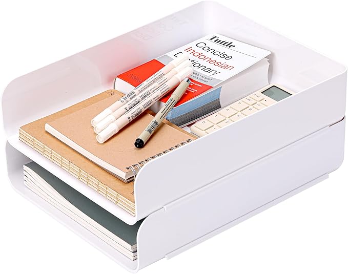 CiWiVOKi Desk Letter Tray Set of 2, Office Organization and Storage, PET Stackable Document Organizer for Notes, Pens, File Paper, White