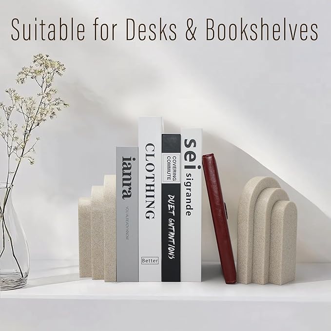 LIN CHUAN Heavy Duty Bookends for Shelves, 6.6 LBS Heavy Book Ends for Heavy Books, Decorative Modern Bookends with Faux Sandstone Look, Layered Arch Book Stopper for Bookshelf Holder Set of 2, Beige