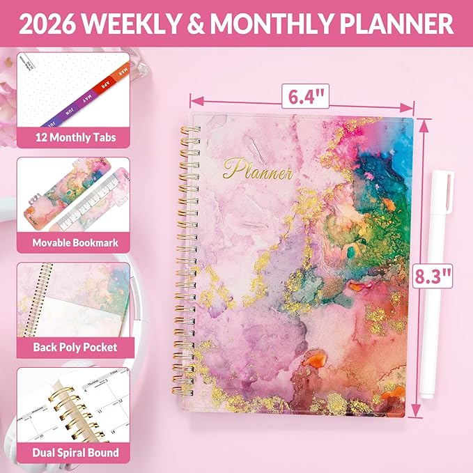 SUNEE 2026 Weekly and Monthly Planner - from January 2026 - December 2026, Daily Agenda Planner with Monthly Tab, Flexible Cover, Note Pages, Pockets, Bookmark, Spiral Binding, Marble, 6.4" x 8.3"