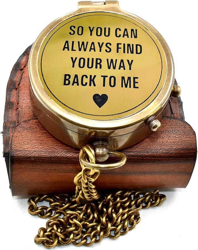 So You Can Always Find Your Way Back to Me Vintage Brass Compass with Chain & Wooden Box – Engraved Nautical Pocket Compass Inspirational Travel Keepsake Couple Gifts