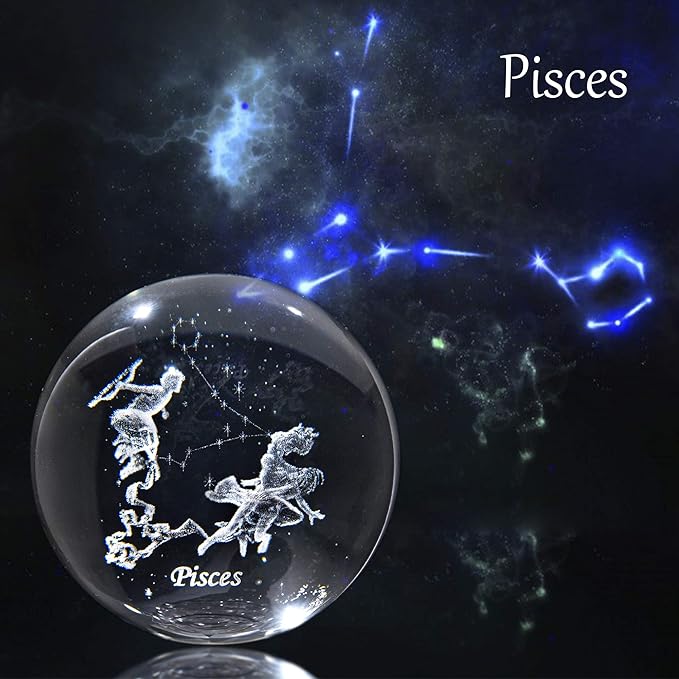 3D Inner Carving Constellation Ball Crystal Paperweight Full Sphere Glass Fengshui with Sliver-Plated Flowering Stand(Pisces)