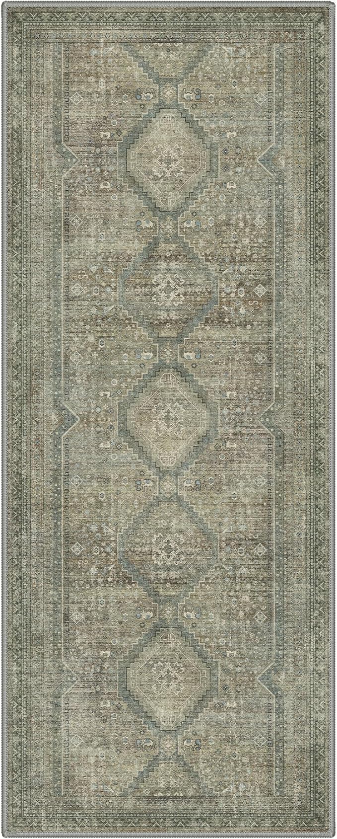 GENIMO Runner Rug 2x5 Non Slip Machine Washable Hallway Runner Rug, Low Pile Lightweight Rugs for Entryway, Hallway, Kitchen and Corridor, Sage/Blue