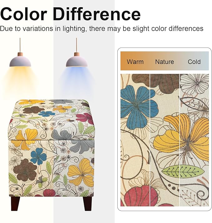 Adeco 18 Inch High Cube Ottoman Storage, Floral Printed Linen Chair Foot Stools, Upholstered Vanity Stool with Hinged Lid, Solid Wood Legs