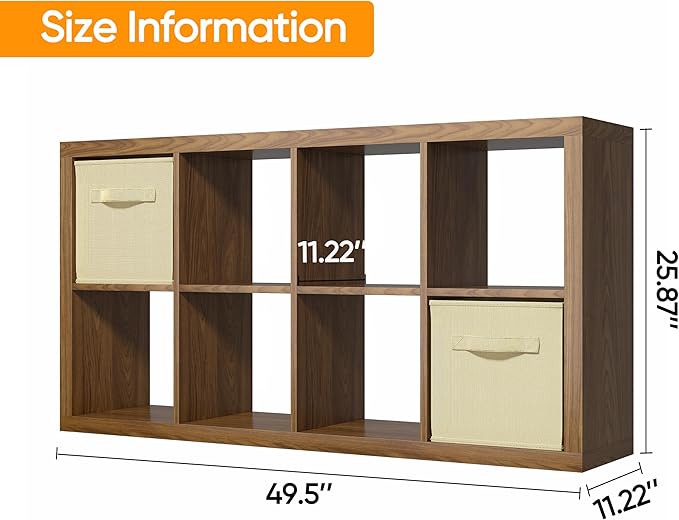 furtble Bookshelf with Storage Bins, 8-Cube Storage Organizer, Modern Wood Open Bookcase, Multifunctional Display Shelf for Living Room, Bedroom, Home Office, Classic Oak