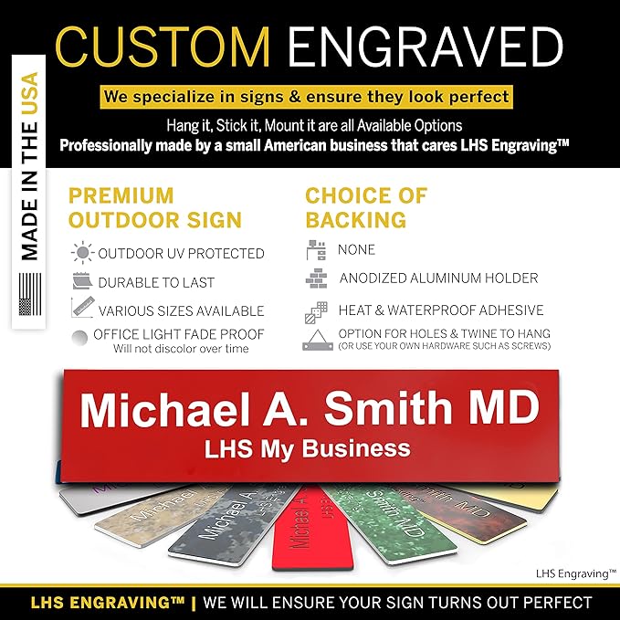 Custom Name Plate with Choice of Mounting for Walls, Doors, Cubicles, Hanging and More - Personalized Red Plastic White Letters - USA Made 2x10 - B7