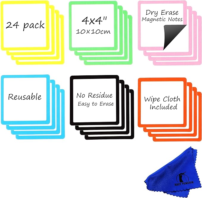Dry Erase Magnets Set - 24 Pack - 4x4 in Whiteboard Magnetic Notes Planning Pads Labels - Small White Board Magnet Strips Name Tags for Home and Office