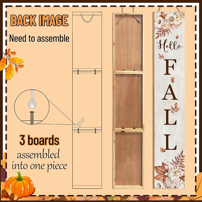 Hello Fall Porch Sign 47" Thanksgiving Day Wooden Door Sign Large Autumn Welcome Sign with Leaves Standing Front Door Decor for Home, Yard, and Fall Parties