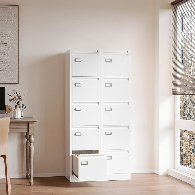 Fesbos File Cabinets - 5 Drawers Vertical 17.8" Deep Lockable Filing Cabinet - White Metal Storage Cabinets for Home Office to Hanging Files Letter/Legal/F4/A4 Size