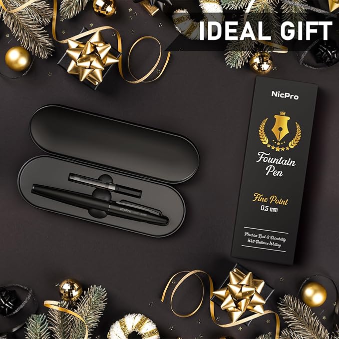 Nicpro Fountain Pen Set with Box, Classic Black Fancy Pen with Converter, 0.5mm Fine Nib Smooth Writing Calligraphy, Luxury Gift Pen